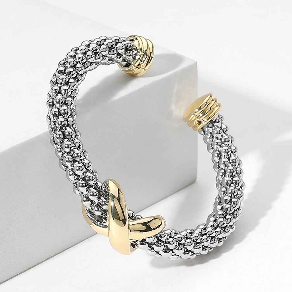 14K Gold Plated Two Tone Crisscross Pointed Cuff Bracelet